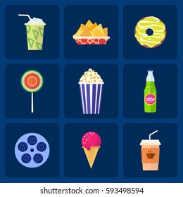 Vector flat movie elements with popcorn, drink, snacks and ice cream. Concept cinema.