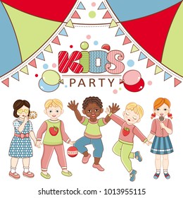 Vector flat multinational kids party poster. african black, caucasian and asian boy and girl kids icon dancing singing having fun. Isolated illustration, air balloon, confetti background.