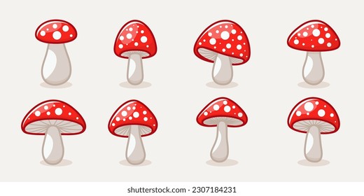 Vector Flat Mushroom Icon Set Isolated. Amanita Muscaria, Fly Agaric Sign, Mushrooms Collection. Magic Mushroom Symbol, Design Template. Vector illustration