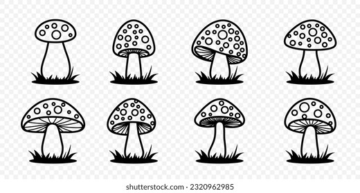 Vector Flat Mushroom Icon Set Isolated. Amanita Muscaria, Fly Agaric Sign, Mushrooms Collection. Magic Mushroom Symbol, Design Template. Vector illustration