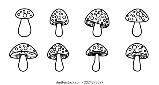 Vector Flat Mushroom Icon Set Isolated. Amanita Muscaria, Fly Agaric Sign, Mushrooms Collection. Magic Mushroom Symbol, Design Template. Vector illustration