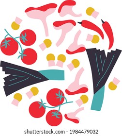 Ilustración de vegetales vectoriales. Marco circular con iconos de vegetales. Ilustración conceptual para comestibles, tiendas agrícolas, embalaje y publicidad.