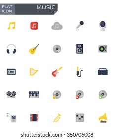 Vector flat music icons set on white background. 