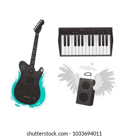 Vector flat music symbols set. Electric guitar, loudspeaker with angel wings, nimbus, piano. Heavy metal, hard classic punk rock culture. Isolated background illustration