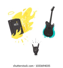 Vector flat music symbols set. Guital amplifier, louspeaker burning with yellow fire, electric guitar, hand rock gesture. Heavy metal, hard classic punk rock culture. Isolated illustration