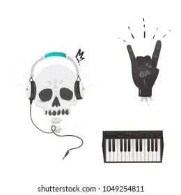 Vector flat music symbols set. hand showing rock and roll sign gesture by fingers, skull in headphones, piano keyboard. Heavy metal, hard classic punk rock culture. Isolated background illustration