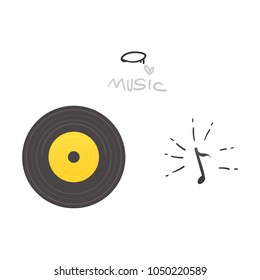 Vector flat music symbols set. Retro vintage black vinyl record, musical note, i love music inscription. Heavy metal, hard classic punk rock culture. Isolated illustration