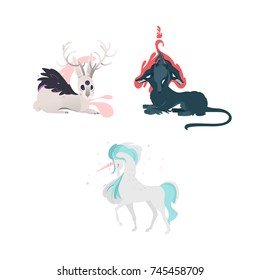 vector flat mythical animals set. Elegant unicorn fairy fictional horse with horn, three eye hare with wings and horns and cerberus dog with three heads. Isolated illustration on a white background.