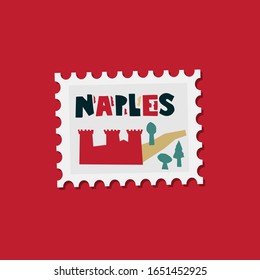 Vector flat Naples post stamp design. Hand drawn colorful lettering Naples in paper cut style. Colorful print design for for packaging design, brand design, poster, postcard, calendar