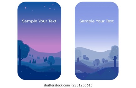 Vector flat nature landscape illustration cards. Simple vertical 2d landscape scenes with text. Flat design.