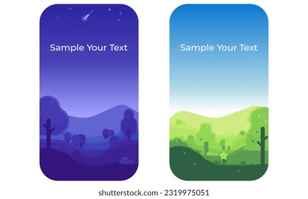 Vector flat nature landscape illustrations. Simple vertical 2d landscape scenes with text. Flat design.