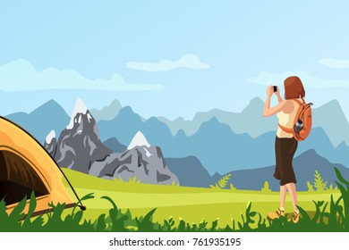 Vector flat nature landscape with woman taking picture. Camping, outdoor recreation, adventures on the nature, vacation, mauntains illustration. Summer camp. 