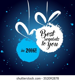 Vector flat new year 2016 congratulations and gift postcard design. Christmas present card template with decoration balls hand drawn illustration. Also good for packaging and print design.