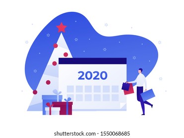 Vector flat new year celebration people illustration. Male with shopping bags, stack of giftbox, tree and calendar isolated on white background. Holiday concept. Design element for banner, poster, web