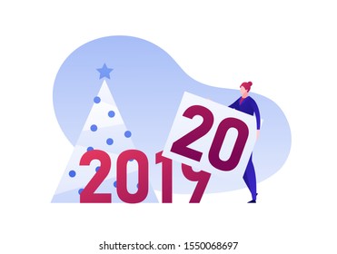 Vector flat new year celebration business people illustration. Businesswoman replace 2019 with 2020 text and tree sign isolated on white background. Holiday concept. Design for banner, poster, web