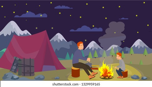 Vector Flat Night Camping Father Preparing Dinner Over Campfire. Son is Sitting on Tree Stump. Family Weekend in Mountains Forest. In Background Sky is Starry Active Lifestyle in Fresh Air.