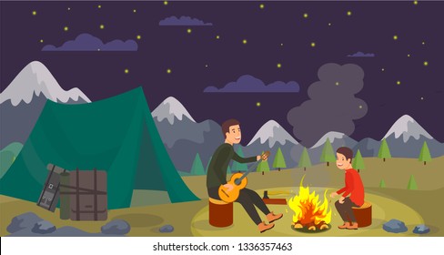 Vector Flat Night Camping in Forest on Background Mountains and Starry Dark Sky. Burning Bonfire Dad with Son Singing Playing Guitar. Green Tent Equipment for Travel Active Lifestyle Unfamiliar Place.