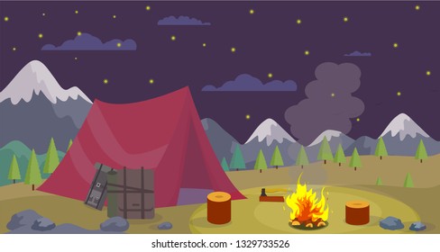 Vector Flat Night Camping in Mountains Burning Campfire. Red Gear for Traveling in Forest Stump Chopping Wood Night Sky Mountains. Background Active Lifestyle Weekend Nature Family Vacation.
