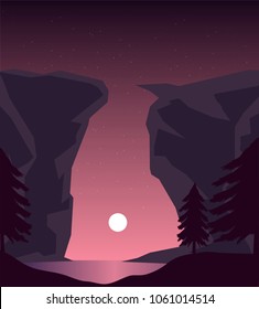 vector flat night valley illustration. full moon between two rocks and lake with pine forest
