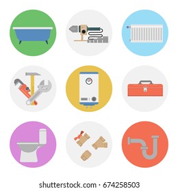 Vector of flat nine colored round icons for plumbing set. Bathtub, radiator, water meter, boiler and special tool