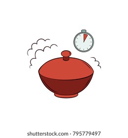 Vector flat noodles icon. Instant spaghetti, italian pasta or chinese, japanese asian wok food in ceramic closed pot, bowl and stopwatch timer. Isolated illustration on a white background.