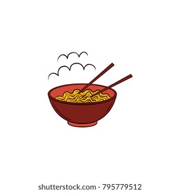 Vector Flat Noodles Icon. Prepared Hot Instant Spaghetti Italian Pasta Or Chinese, Japanese Asian Wok Food In Ceramic Pot, Bowl With Bamboo Shopsticks. Isolated Illustration On A White Background.