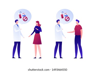 Vector flat nutrionist consultation character illustration. Male and female patient talk with dietologist isolated on white. Concept of sugar free health food. Design element for banner, poster, web