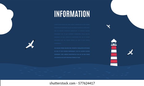 Vector flat ocean design background with text place. Cute template with seagull birds, lighthouse, clouds and ocean waves.