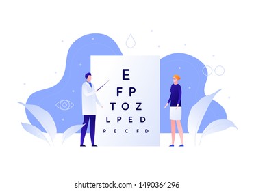 Vector flat oculist doctor illustration. Male optician optometry patient woman on white. Concept of eye ill diagnosis, checkup, disease prevention. Design element for poster, flyer, card, banner