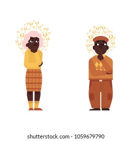 Vector flat old african black man, elderly grey-haired woman in casual clothing standing in thoughtful pose holding chin thinking with questions above head. Isolated illustration, white background