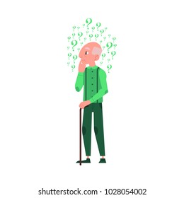 Vector flat old bald head man in casual clothing grey-haired standing in thoughtful pose with cane holding his chin thinking with questions above head. Isolated illustration, white background