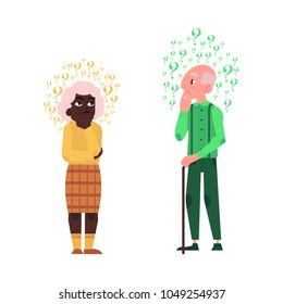 Vector flat old bald head man, african black elderly woman in casual clothing standing in thoughtful pose holding chin thinking with questions above head. Isolated illustration, white background
