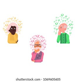Vector flat old caucasian, african elderly grey-haired woman, man in casual clothing standing thoughtful pose holding chin thinking with questions above head portrait. Isolated background illustration