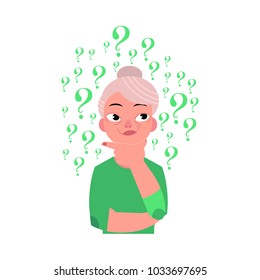 Vector flat old caucasian elderly grey-haired woman in casual green clothing standing in thoughtful pose holding chin thinking with questions above head portrait. Isolated background illustration