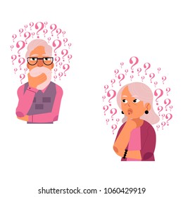 Vector flat old caucasian elderly grey-haired woman, man in casual clothing standing in thoughtful pose holding chin thinking with questions above head portrait. Isolated background illustration