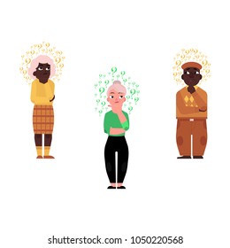 Vector flat old man, african black, caucasian elderly grey-haired woman casual clothing standing in thoughtful pose holding chin thinking questions above head. Isolated illustration, white background