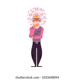 Vector flat old man in formal clothing white beard grey-haired standing in thoughtful pose holding his beard thinking with questions above head. Isolated illustration, white background