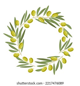 Vector flat olives wreath for Mediterranean or vegan diet. Olive twigs, berries round frame. Healthy food, natural organic cosmetics illustration for invitations, labels and advertisements, packaging.