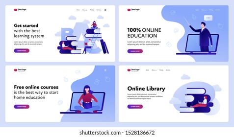 Vector flat online education landing page template set. Illustration for university, courses, mooc, library, learning system. Concept of global access programs. Design for website, app, banner, poster