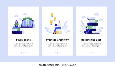 Vector flat online education step banner template. Illustration for university, course, mooc, library, learning system. Concept of global way to impovement. Design for website, banner, poster, page.