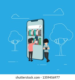 Vector flat online library in smartphone concept of e-learning with book in mobile device.
