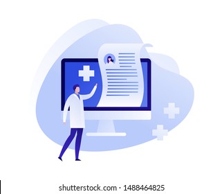 Vector flat online medicine illustration. Doctor with computer screen with prescription and pills symbols. Concept of pharmacy drugstore, diagnosis, hospital. Design for poster, flyer, card, banner