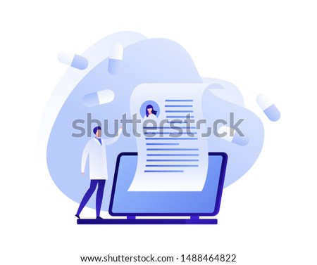 Vector flat online medicine illustration. Doctor on laptop with prescription and pills symbols. Concept of pharmacy drugstore, diagnosis, home hospital. Design medical for poster, flyer, card, banner