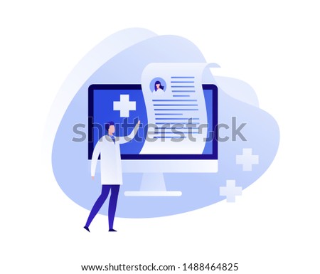 Vector flat online medicine illustration. Doctor with computer screen with prescription and pills symbols. Concept of pharmacy drugstore, diagnosis, hospital. Design for poster, flyer, card, banner
