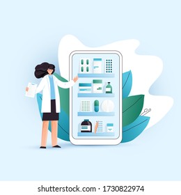 Vector flat online pharmacy illustration with Woman character consultating online as a pharmacist and helping with correct treatment in online drugstore, pharmaceutical company