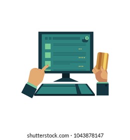 Vector flat online shopping concept. Illustration with businessman hand holding credit card looking at desktop screen buying goods. E-commerce business scene. Isolated background