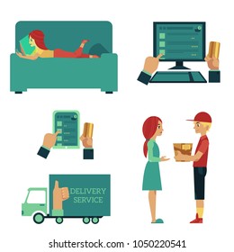 Vector flat online shopping concept scenes set. Illustration with businessman hand holding credit card looking at desktop screen, courier giving box to girl, delivery truck, girl at sofa buying goods.