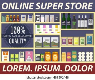 Vector flat online store, advertising web banner, 100 % quality sign, full shelves of products - flat goods set.