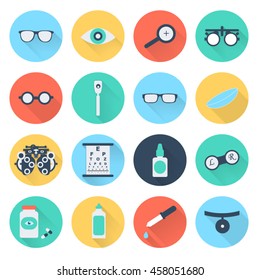 Vector flat optometry icon set with long shadow. 