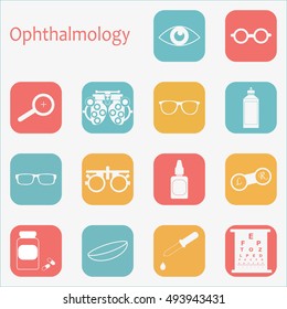 Vector Flat Optometry Icon Set. Optician, Ophthalmology, Vision Correction, Eye Test, Care,diagnostic. Optical Set
